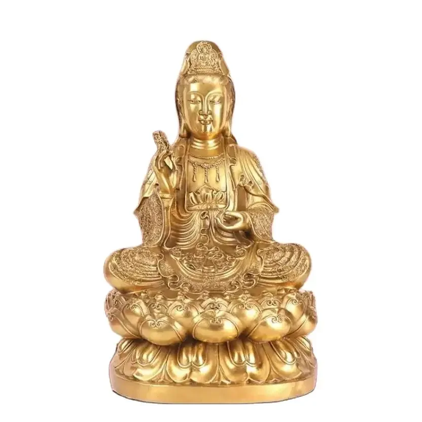 Brass sitting lotus flowers and willow branches giving birth to the Avalokitesvara Bodhisattva Buddha statue. Home furnishing,