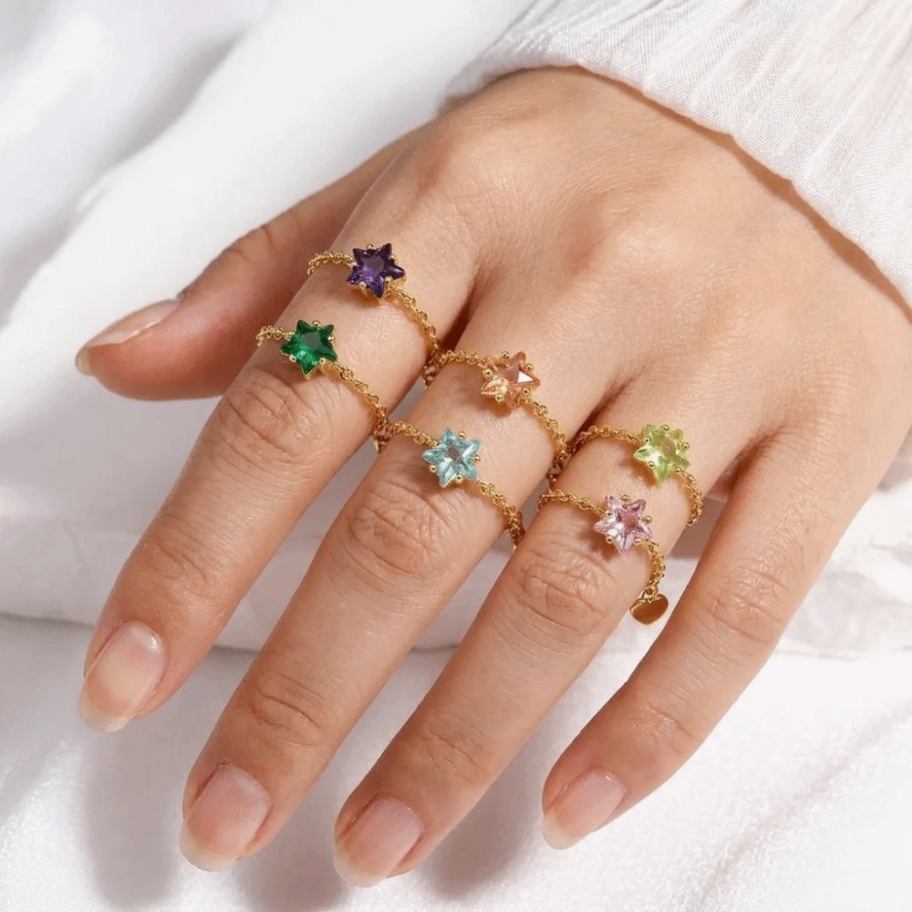 Stackable Rings Exquisite Star Zircon Rings Colored Elegant Link Chain Ring Delicate Fashion Adjustable Charm Ring Wedding