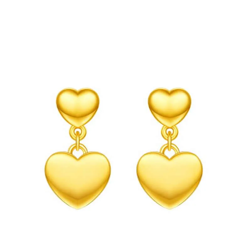 

Solid 999 24K Yellow Gold Smooth Women Heart Dangle Earrings