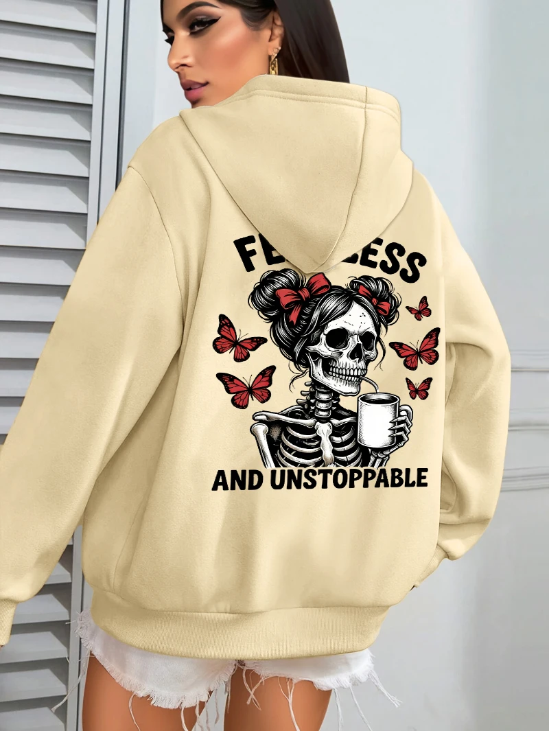 Fearless understoppable café crânio impressão feminina hoodie casual bolso com capuz solto outono hoodies all-match velo roupas esportivas
