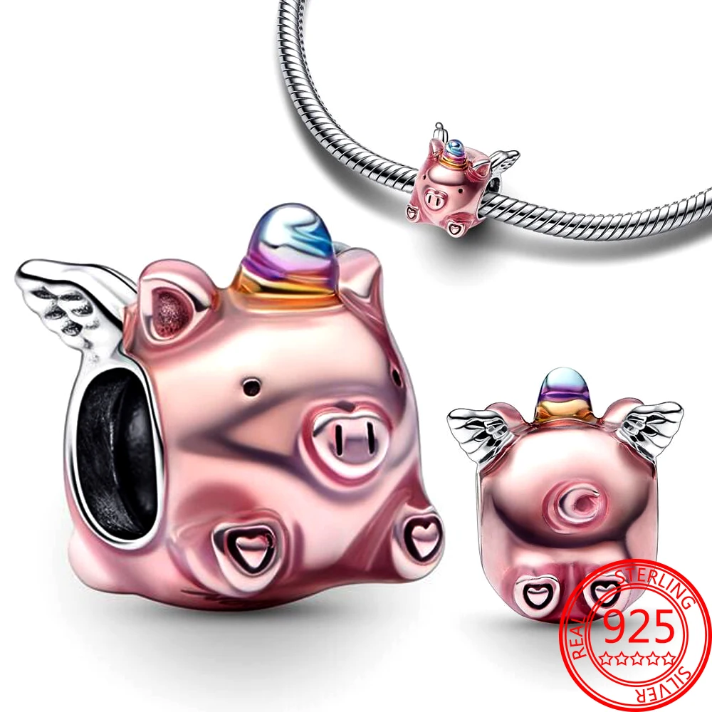 Arrivo 925 Sterling Silver Flying Unicorn Pig Charm fFit braccialetto fai da te collane creazione di gioielli