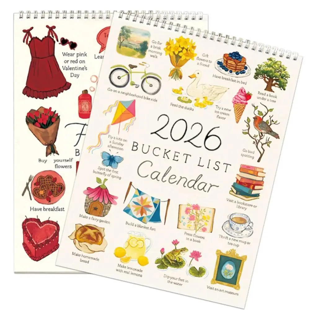 

Simple Style Bucket List Calendar Colorful Cartoon Pattern 2026 Wall Calendar Notes Planning Wish list Desktop Calendar Gifts