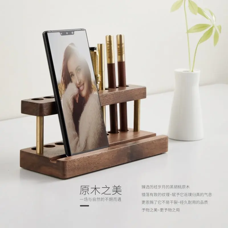 Walnut mobile phone rack multi-function pen rack office desktop storage rack creative brass ornaments ipad flat bracket