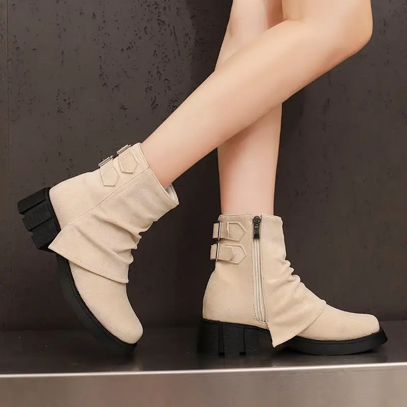 

Женские ботильоны ORCHA LISA с круглым носком, 4,5 см, блочный каблук, молния, флоковая замша, пряжки на ремне, большой размер 42, 43, осенние ботильоны для свиданий