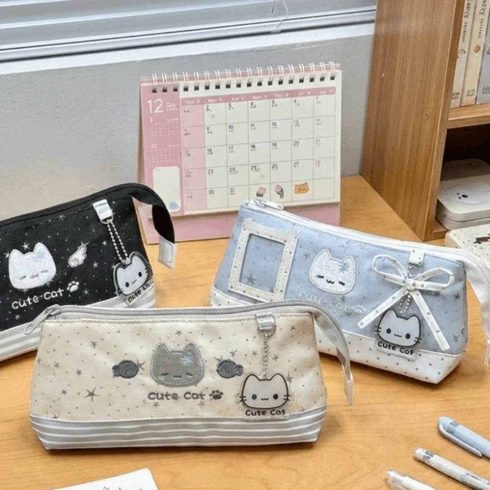Large Capacity Cat Pattern Pen Case Multi-Layer Star Print Pencil Bag Polka Dot Triangle Design Stationery Storage Pouch