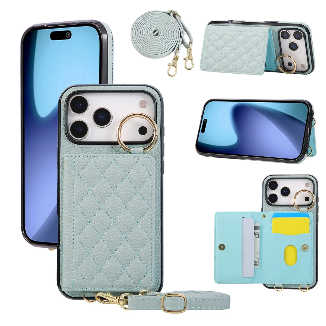 

Classical Crossbody Leather Card Slot Wallet Case For iPhone 11 12 13 14 15 16 17 Pro Max Plus Purse Shell Phone Cover With Ring