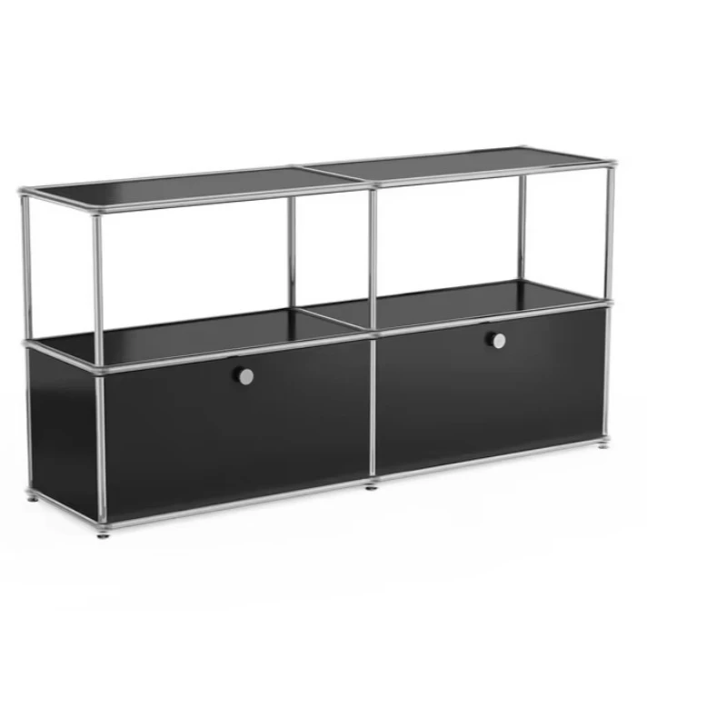 Modern black storage console with two drawers and open shelving for families