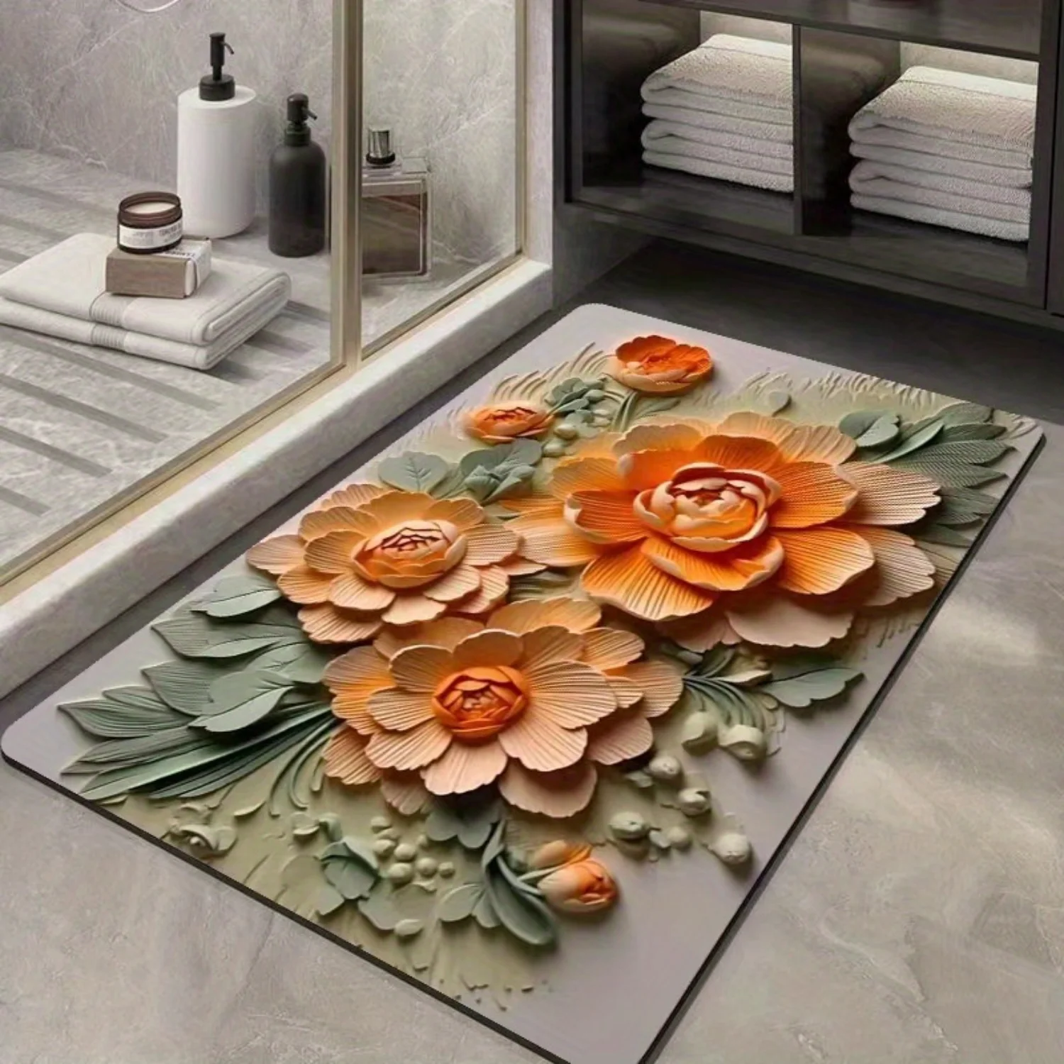 Alfombra de suelo de flores 3D con tecnología absorbente de agua de barro de diatomeas - Almohadilla antideslizante de secado rápido para baño y sala de estar -