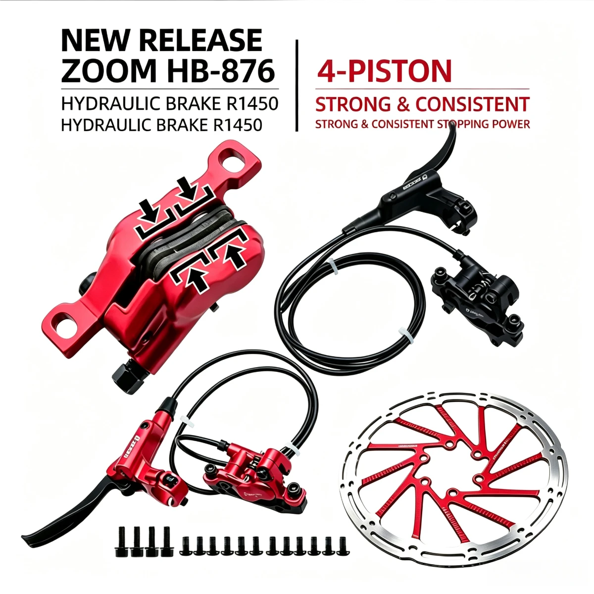 ZOOM HB876 4-Piston Hydraulic Disc Brake Set MTB Mountain Bike Front Rear Aluminum Brake Lever Fit 160mm Rotor Internal Routing