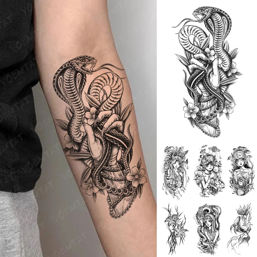 

Waterproof Temporary Tattoo Sticker Dark 3D Cobra Snake Sexy Medusa Jewelry Flowers Tatto Body Art Arm Fake Tattoos Men Women