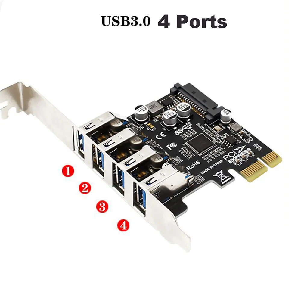 PCIe to USB Extend Card 4 Ports USB 3.0 to PCIE X1 X4 X8 X16 Convert Adapter for 2U 4U Full Half Height Case Dual Power Supply