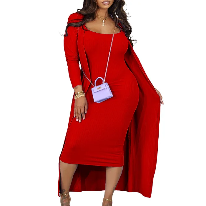 Autumn Slip Dress and Coat Two Piece Sets Womens Outifits 2024 Fashion Elegant Casual Solid Color Long Sleeved Dresses Suit