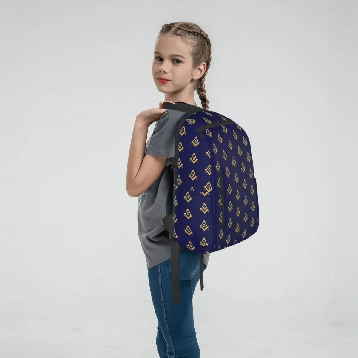 Freemason Pattern Gold Blue Square And Compass Masonic Backpack Daypack Children BookBag School Bag Shoulder Bags for Men Women