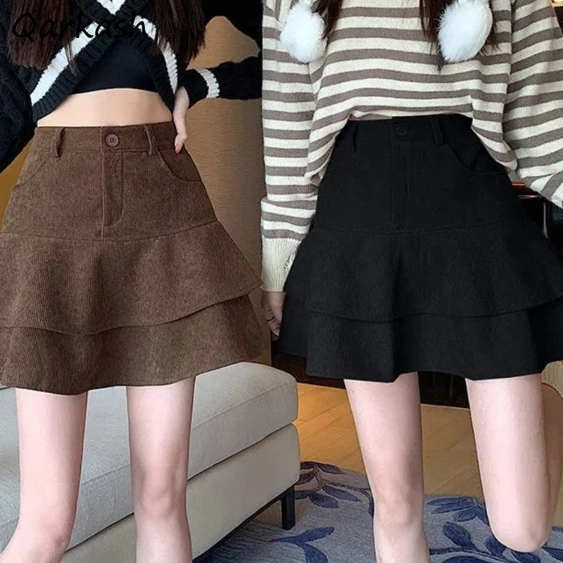 

Mini Skirts Women Corduroy Ruffles Aesthetic Solid Vintage Basics Sexy Kawaii Streetwear Girl Korean Style Design 2023 Faldas