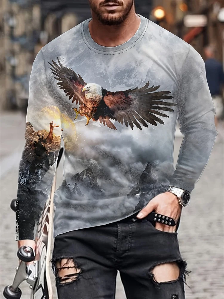 3D Eagle Print Men's Long Sleeve T-shirt Autumn Daily Casual Men's Long Sleeve Top Outdoor Street Fashion Long Sleeve T-shirt