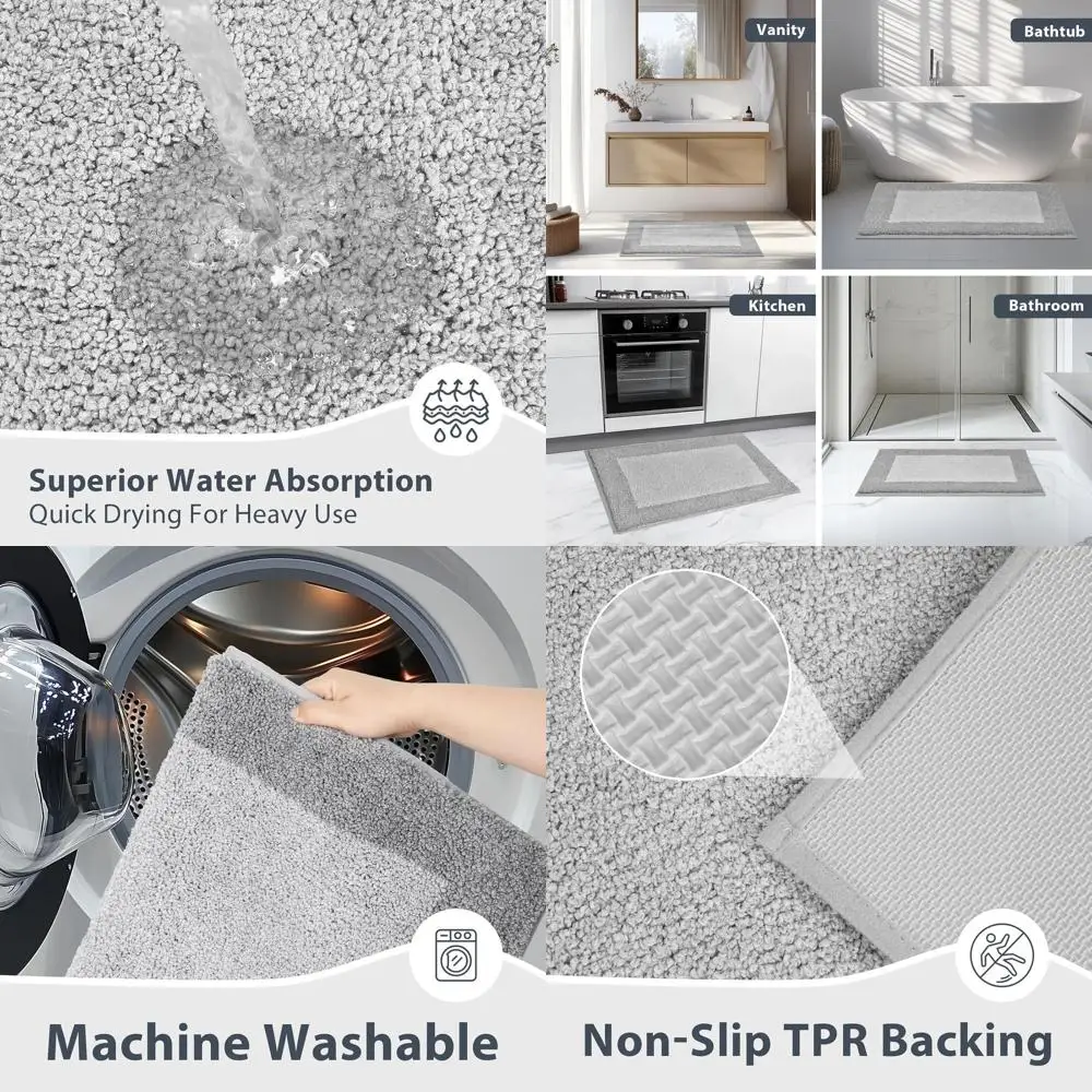 

30x46 Soft & Absorbent Non-Slip Bath Rugs, Machine Washable for Bathroom, Shower, and Sink, Light Grey & Grey