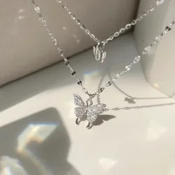 Charm Double Layer Silver Color Butterfly Pendant Necklace for Women Luxury Zircon Crystal Choker Chains Wedding Bride Jewelry