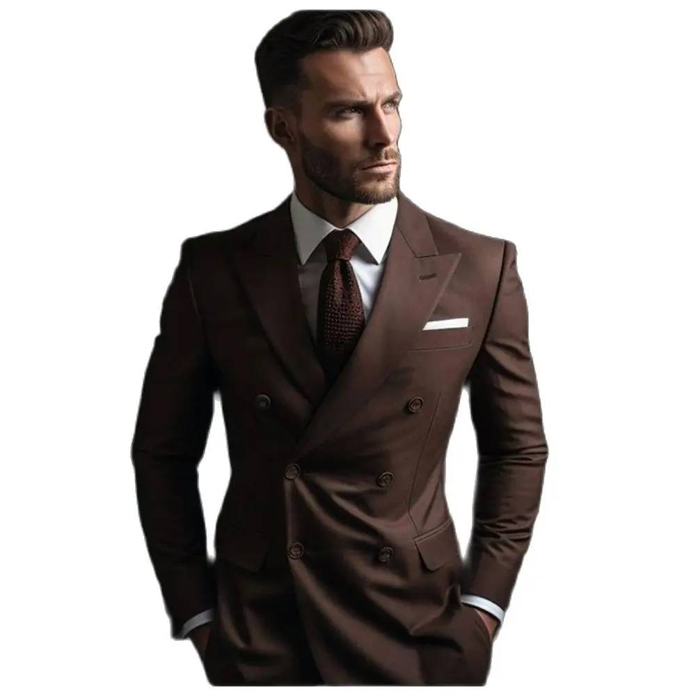 Luxury Solid Suits for Men Dark Brown Elegant Office Work Business Casual Outfits Fashion Suits Slim Two Piece (Blazer+Pants)