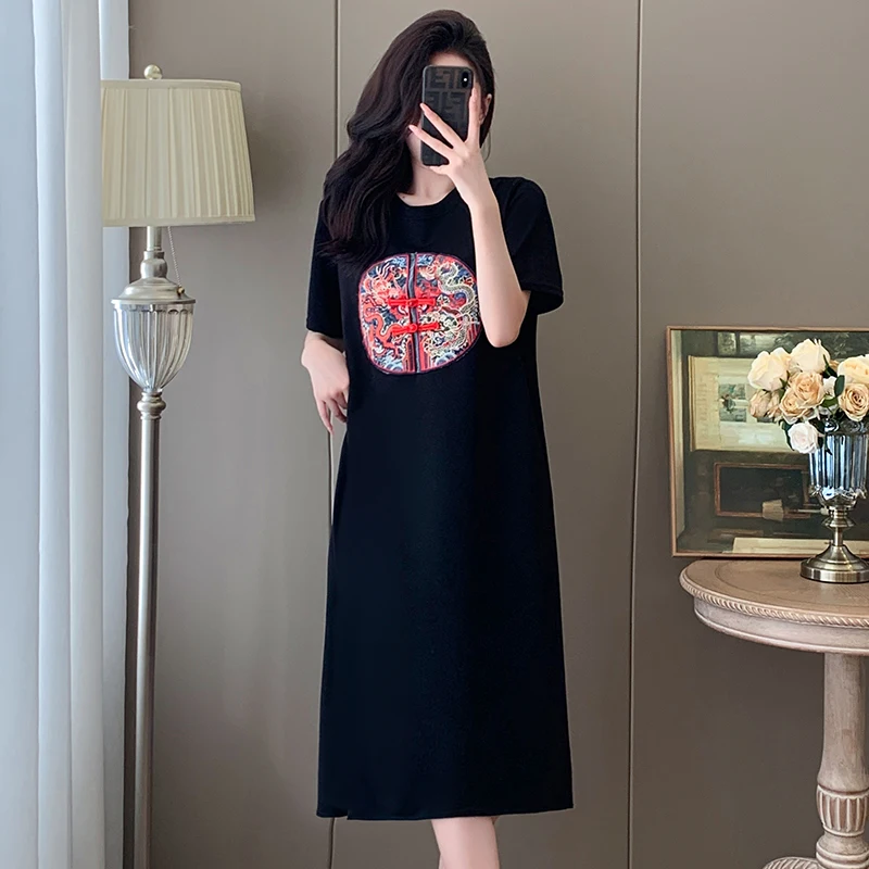 Summer Short Sleeve Dress Women's Loose Thin Mid-Length T-Shirt Nightgown American Retro Style A-Line Skirt Korean Style Commute