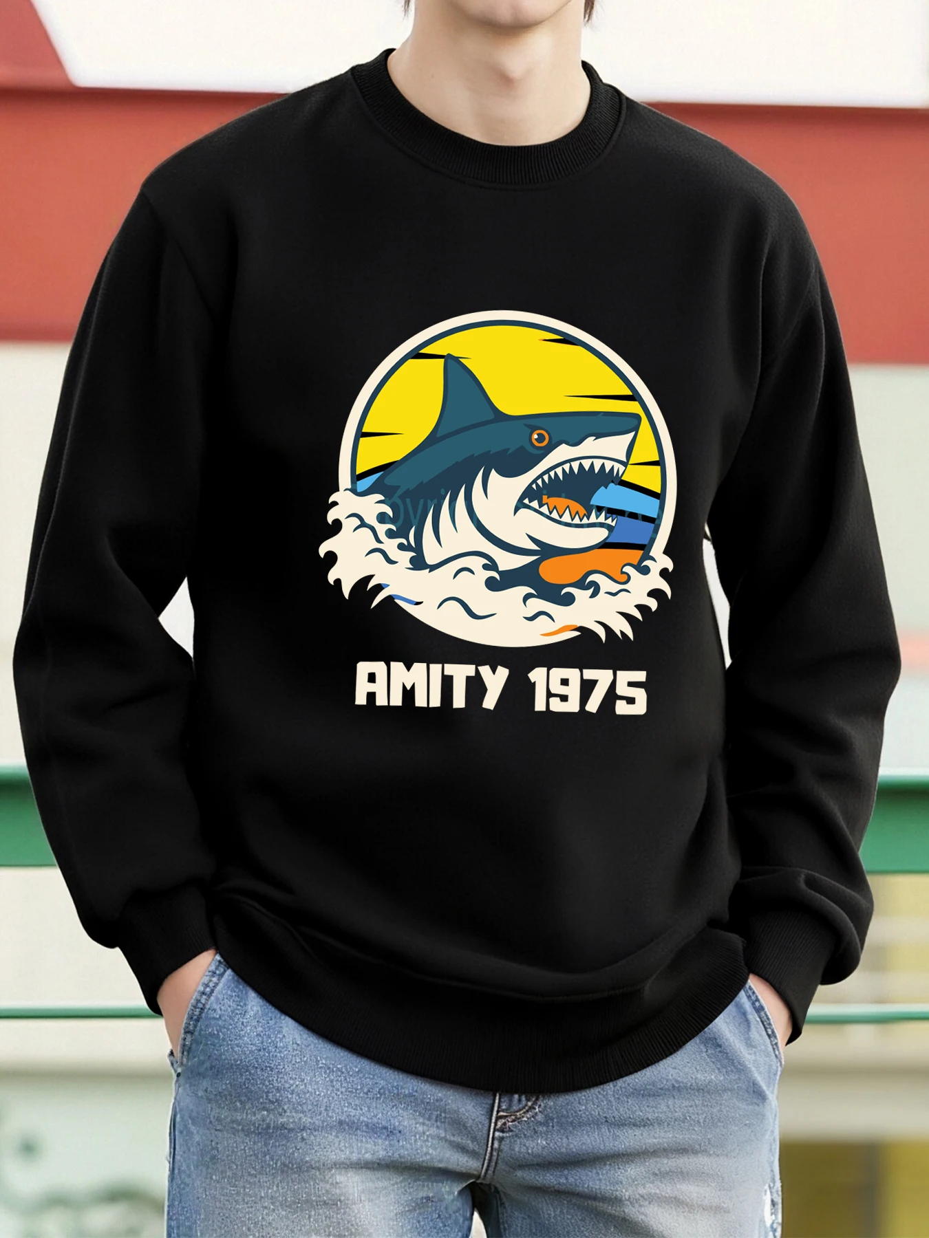 Cartoon Shark Kreatives Design Herren Sweatshirt Trendy Crewneck Streetwear Oversize Bequeme Pullover Fleece Herbst Kleidung