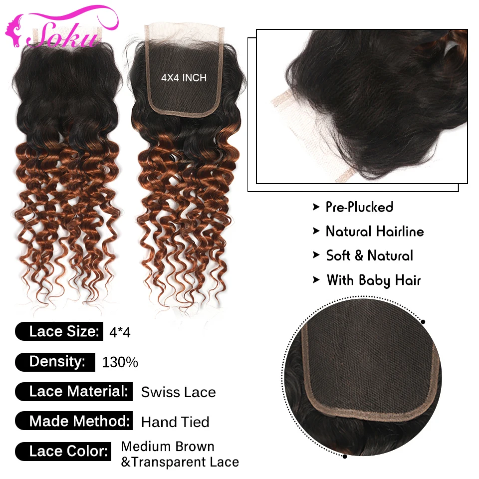 Ombre Brown Bundles With Closure 4x4 SOKU T1B/30 Brazilian Deep Wave Human Hair Weave Bundles With Closure Remy Hair Bundles