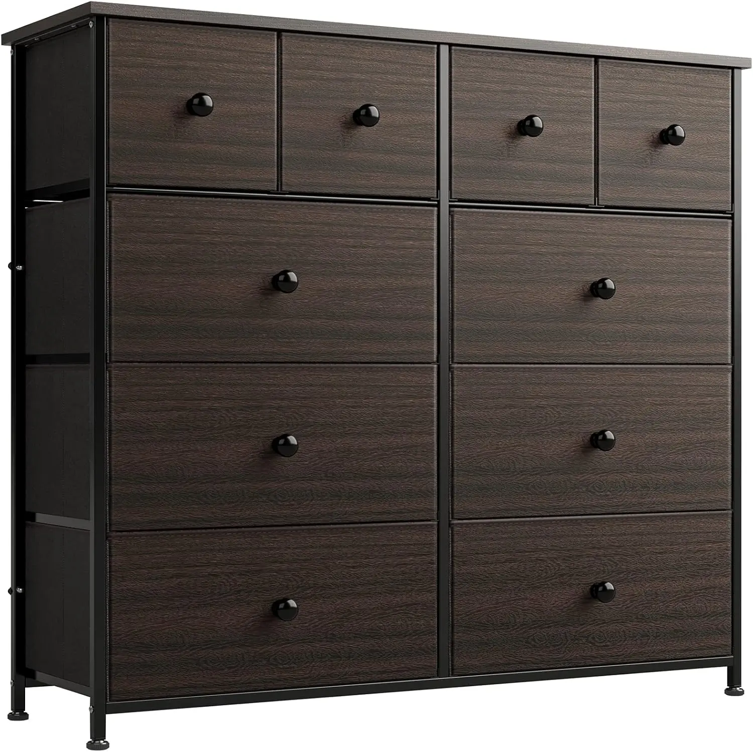 

Dresser for Bedroom with 10 Drawers, Wide Black Dresser with Wood Top, Fabric Storage Tower, Sturdy Steel Frame