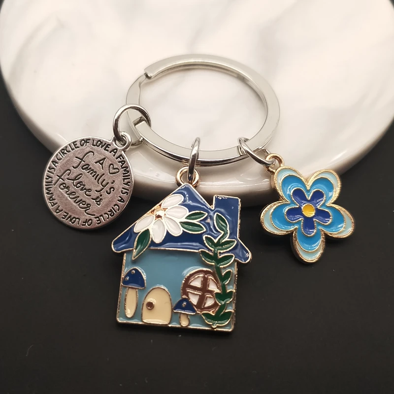 Cute family keychain, house keyring, lovely enamel cottage, flower keychain, gift from lady to family members