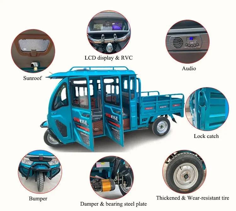 Triciclo eléctrico personalizado de fábrica, 4 puertas, eléctrico para triciclo de carga con cabina de operador espaciosa cerrada