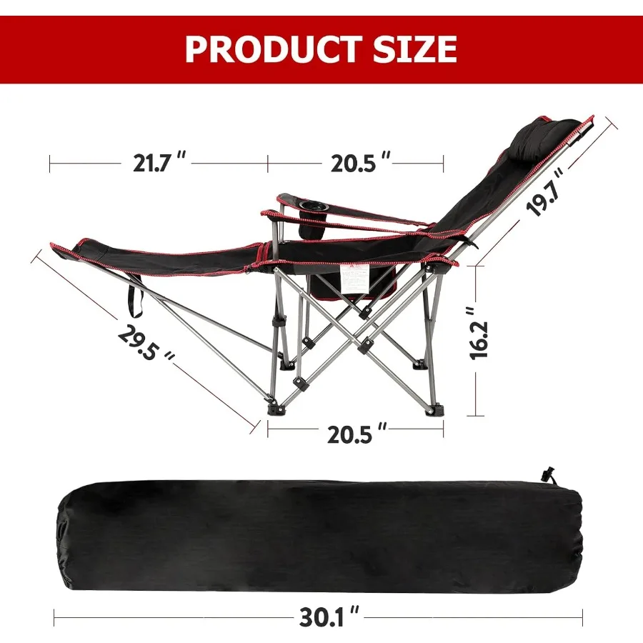 كرسي تخييم قابل للإزالة بمسند للقدمين، عبوة واحدة باللون الأسود مثالي للمغامرات الخارجية والنزهات والاسترخاء في الشاطئ أو Pa