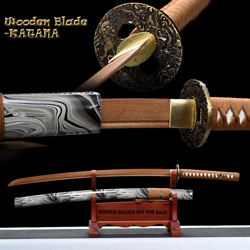 Handed Wooden Sword, Iaito Sword,  Japanese Katana, Waves Saya, Practical Sword, Type AA, Zinc Alloy Tsuba, Decor