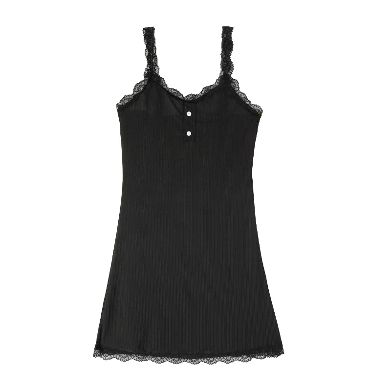 Comfortable Women's Lace Trim Ribbed Nightdress Solid Sexy Short Pajamas Button Front Female Strap Nightgown Elegant Home Dress