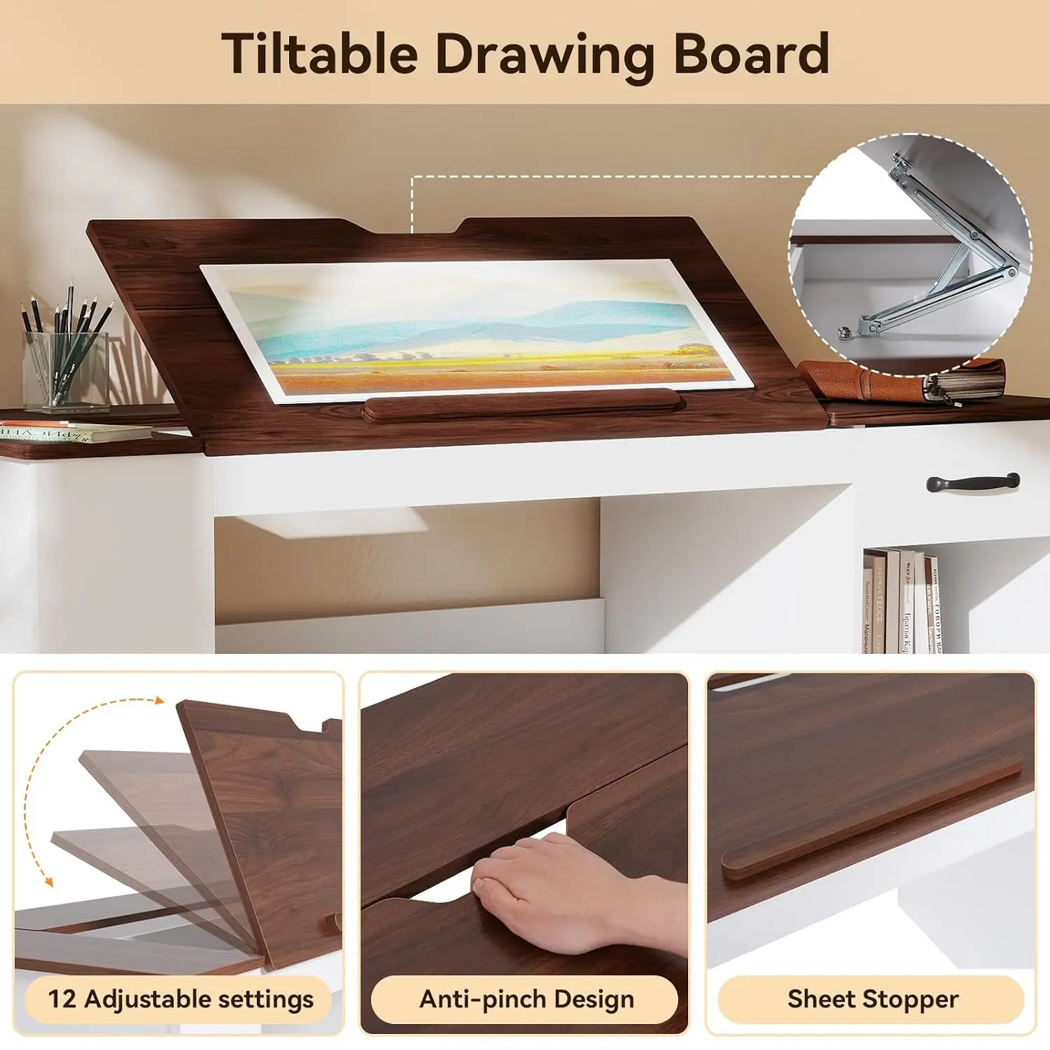White Drafting Table Adjustable Tilt Top Art Craft Workstation 55.1