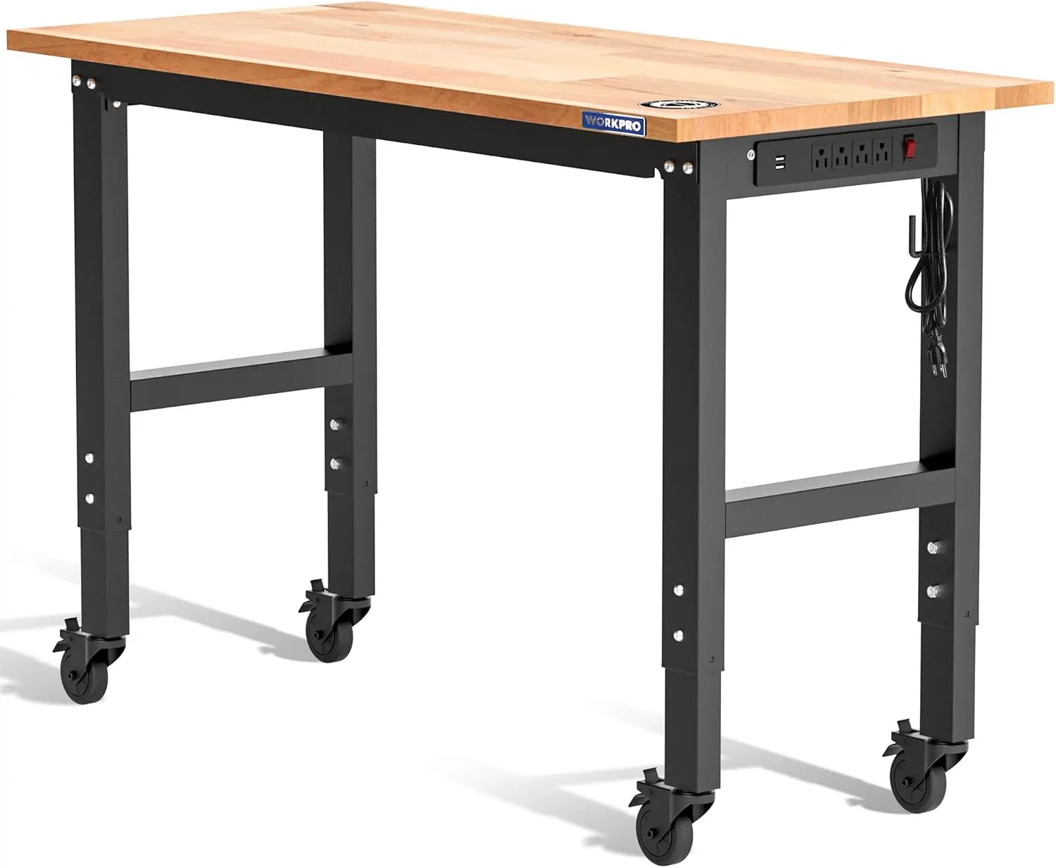48X22 Garage Workbench Adjustable Wheels Rubber Wood Top Heavy Duty Workstation Power Outlets 1000 LBS Stationary Load Capacity
