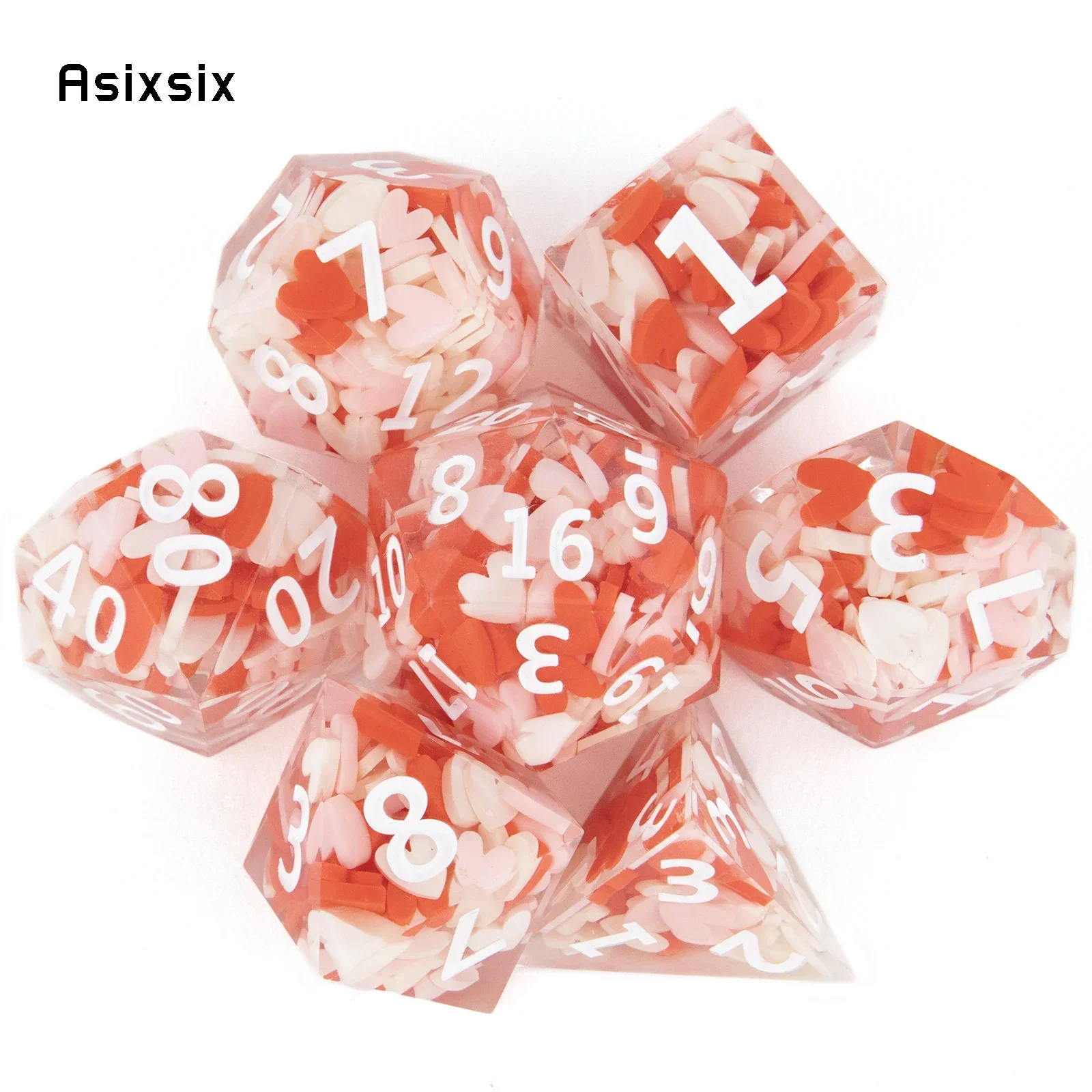 

7 Pcs Red Loving Heart Resin White Number Sharp Dice Polyhedral Dice