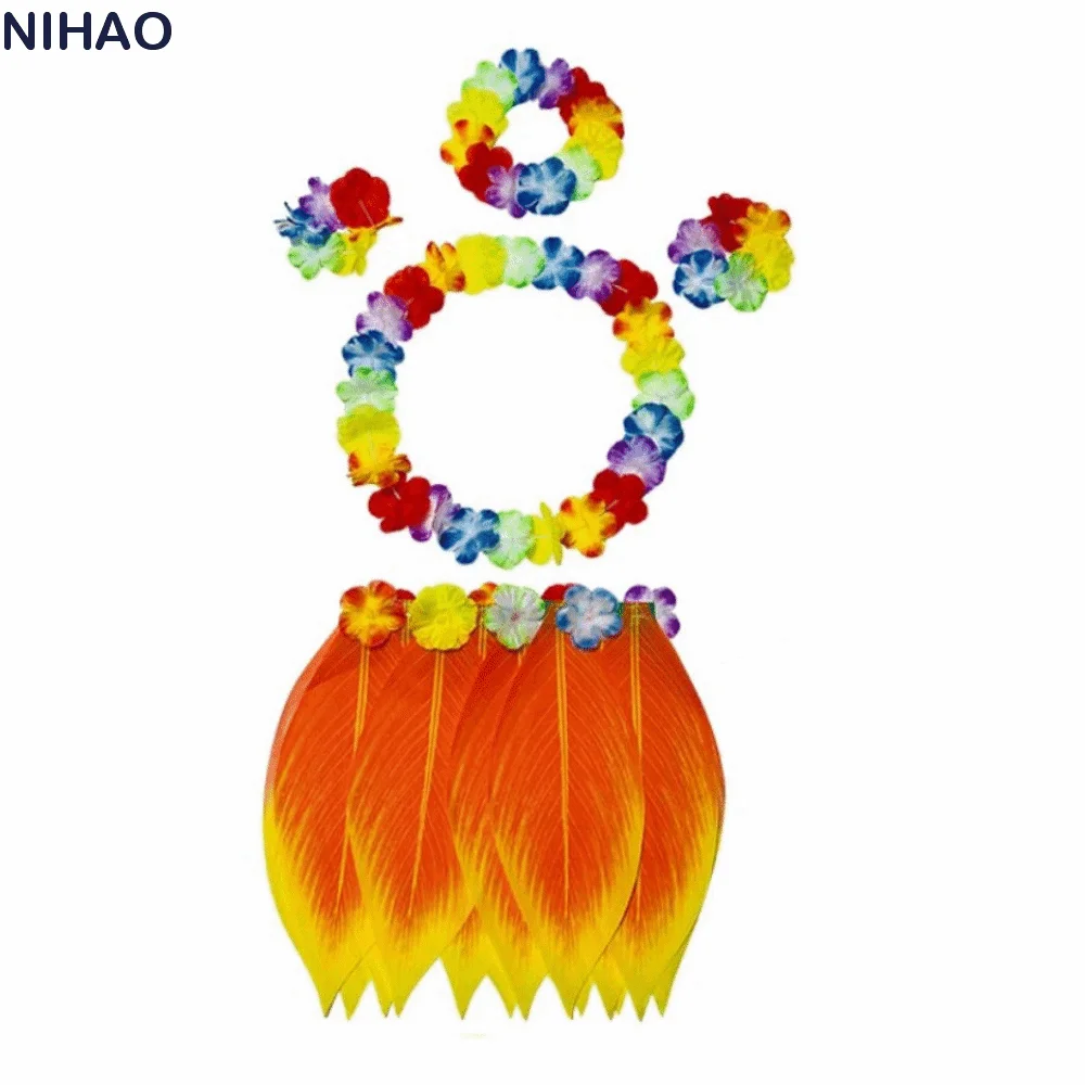 5Pcs Simulation Leaf Hawaiian Luau Outfit Set Grass Skirt Hawaiian Garlands Complete Dance Outfit Hibiscus Wreaths