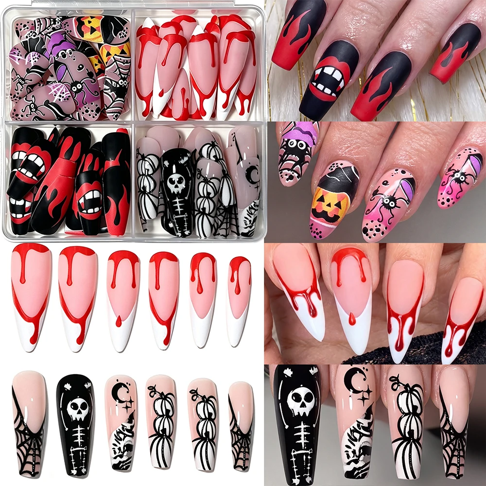 96Pcs Gothic Halloween Almond & Coffin French False Nails Blood Skull Spider Pumpkin Design Press On Nails Horror Fake Nail Tips