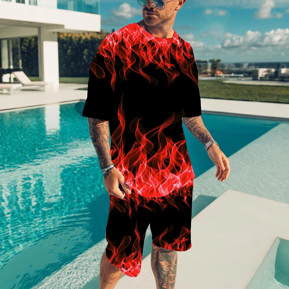 New Fire Tracksuit Flame 3D Print Men Women Fashion Short Sleeve T-Shirts Shorts Sets Streetwear Sportswear Kids Suits Clothing