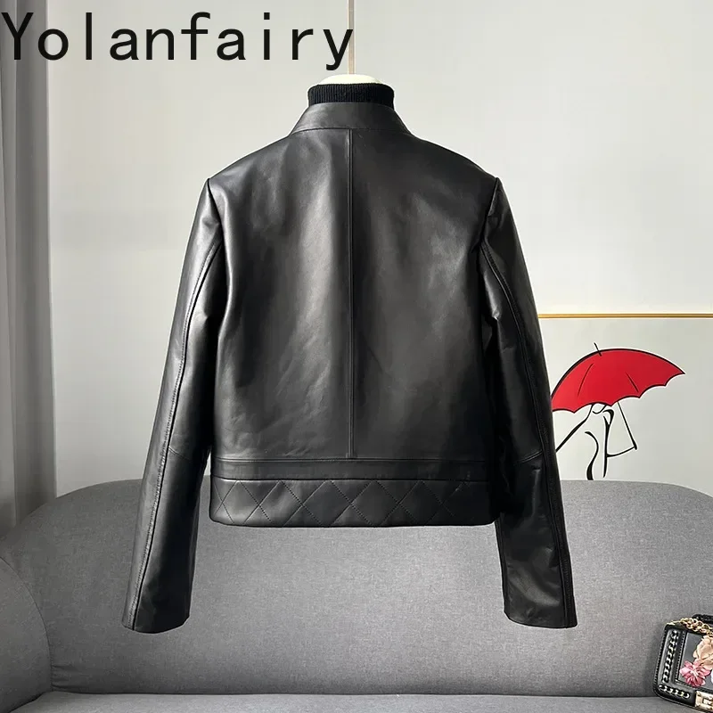 YOLANFAIRY Cappotto in vera pelle Giacca da donna Abbigliamento autunnale Donna Slim Vita alta Colletto alla coreana Giacche corte in pelle di pecora FCY