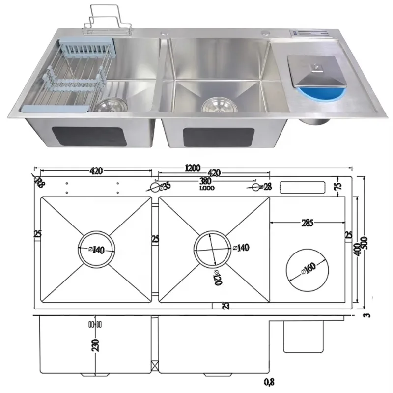 1200x500x230mm Double Bowl Kitchen Sink With Drainboard and Stair in the middle