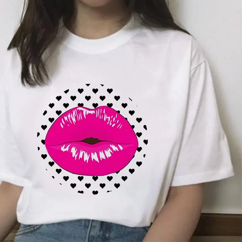 Women T Shirt 2024 Fashion Mouth Lip Kiss Printed Ladies Tee Tops Summer Funny Graphic Harajuku Summer Clothes for Women