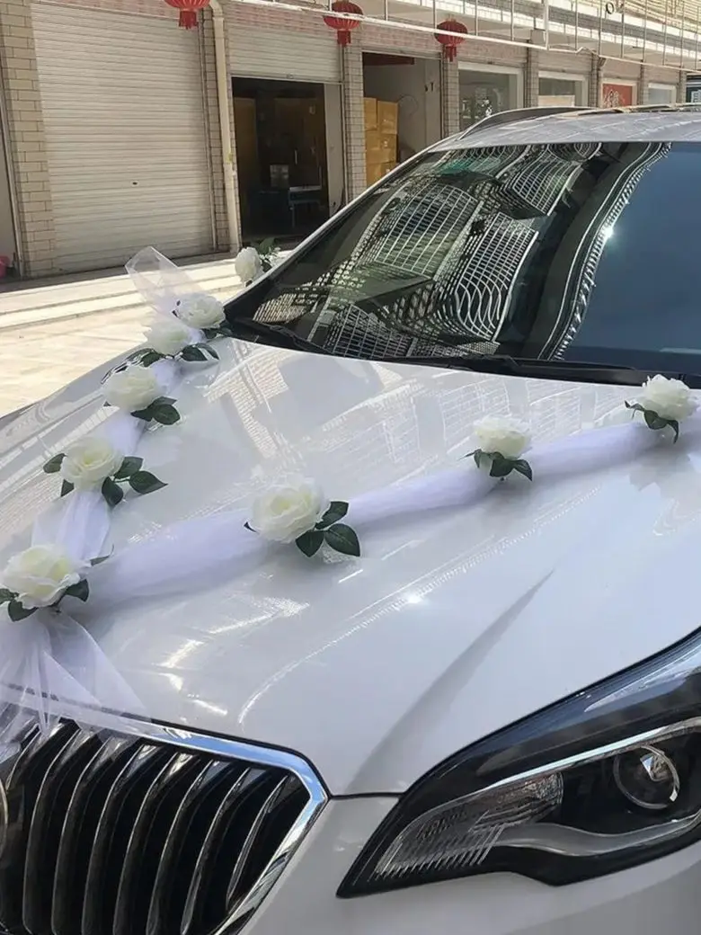 Witte Roos Kunstbloem voor Bruiloft Auto Decoratie Bruidsauto Decoraties Deurgreep Linten Zijden Bloem - afbeelding 2