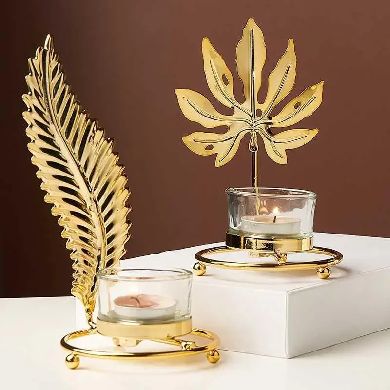 Gold Candle Holders Party Wedding Decorations Candlestick Gold Metal Plant Leaves Candelabra Table Centerpiece image 2