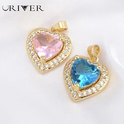 Gold Color Pendants for Women Heart Shape Blue Pink Color Big Zircon Charms Female Delicate Cute Jewelry DIY Necklace Earring