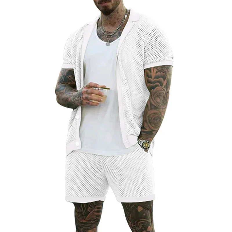 2026 Sommer Herren Ausgehöhltes Dünnes Zweiteiler-Set: Kühles, Atmungsaktives Kurzarm-Oberteil mit Passenden Shorts – Lässiges Alltagsoutfit im lockeren Schnitt – Detail 9