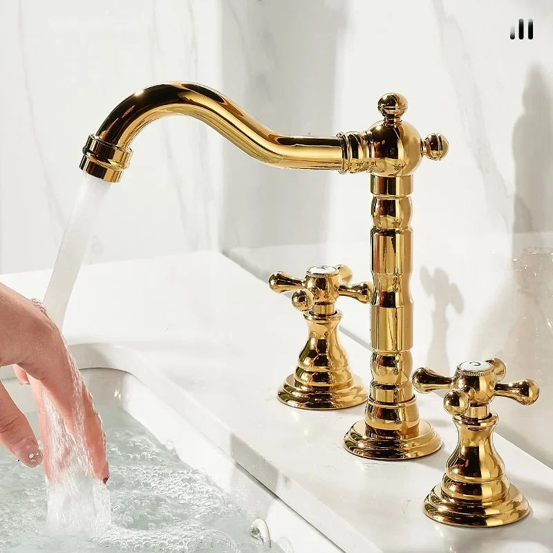 Gold Solid Brass Bathroom Basin Faucet Mixers Taps Chrome Sink Faucet Dual Handles 3 holes Bathtub Faucet