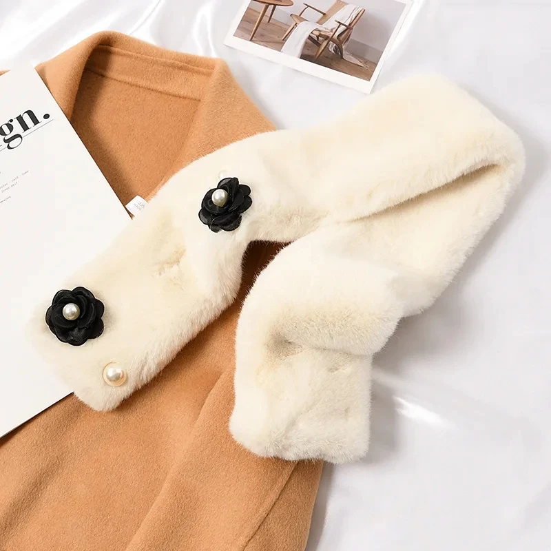 Korean Pearl Flower Faux Rabbit Fur Cross Plush Scarf Women Winter Outdoor Windproof Neck Protection Fake Collar Warm Shawl T61