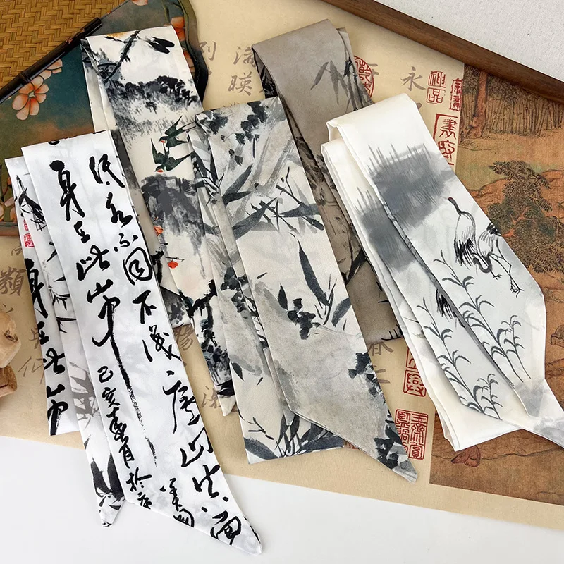 Premium Chinese Style Hair Ribbon Long Scarf Ink Bamboo and Crane Pattern Watercolor Wash Painting Head Wrap Belt