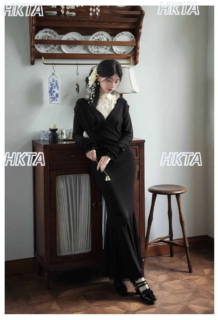 Süße Low V-ausschnitt Stretch Dünne Gestrickte Kleid Frauen Herbst Elegante Spitze Nähte Bogen Sexy Schwarz Lange Kleider Höhlte Innen Sets