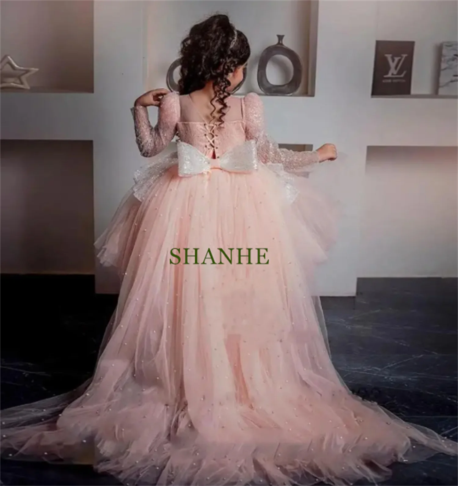 

Новое розовое платье с цветочным узором для девочек по индивидуальному заказу на свадьбу, платье принцессы для дня рождения, платье для выпускного вечера со съемным шлейфом