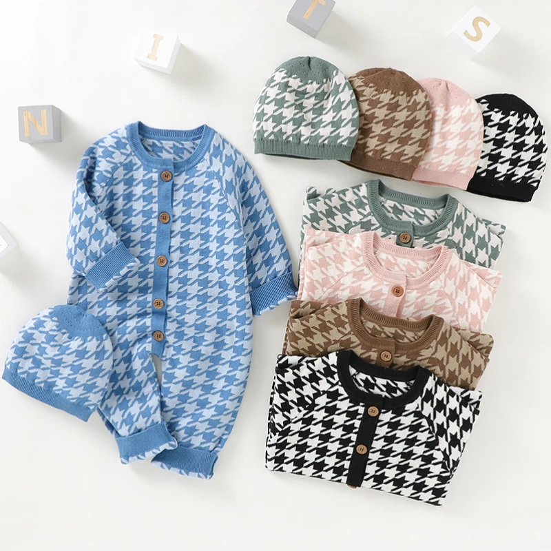 Newborn Boy Girl Jumpsuits Hats Clothes Sets Autumn Winter Infant Kids Outwear Playsuits Baby Rompers Long Sleeve Cotton Knitted